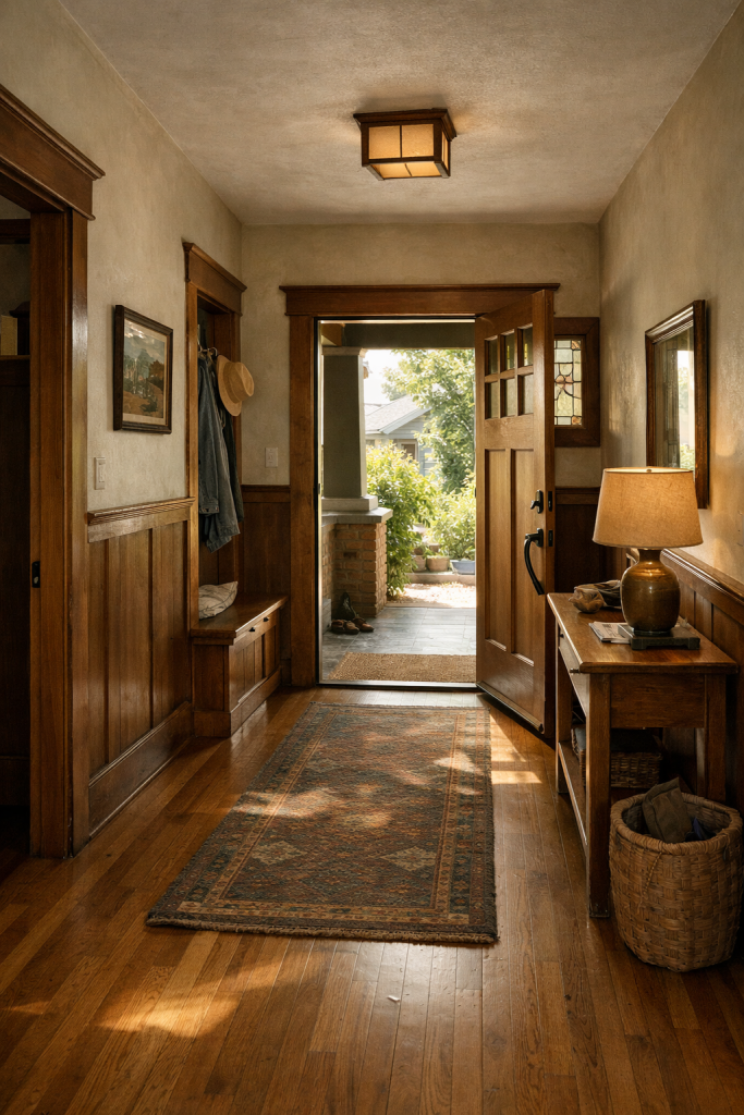Sunlit hallway of a traditional California home with hardwood floors and open front door