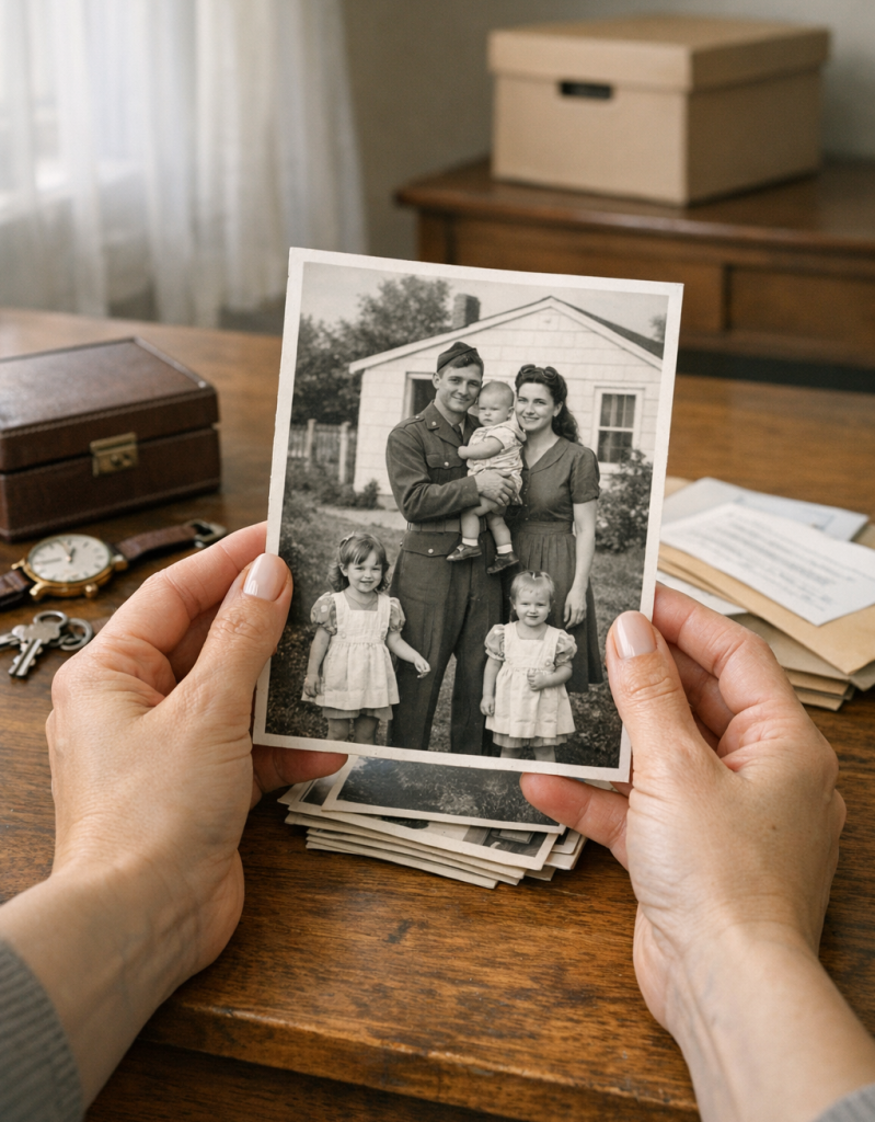 Woman’s hands holding a vintage family photograph on a table with personal belongings and documents